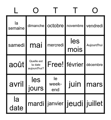 French months & days Bingo Card