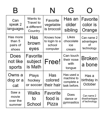 Classroom Bingo Card