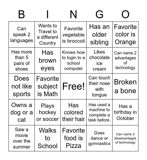 classroom bingo board