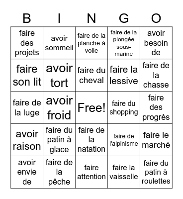 Les Activités 2 Bingo Card