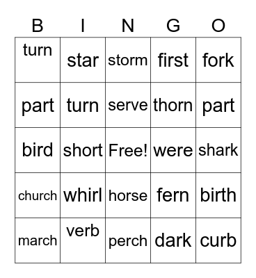 R-Controlled Phonics Words Bingo Card