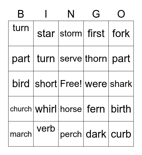 R-Controlled Phonics Words Bingo Card