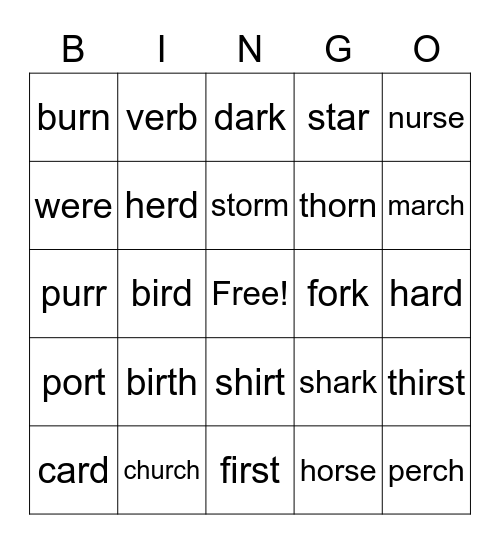 R-Controlled Phonics Words Bingo Card