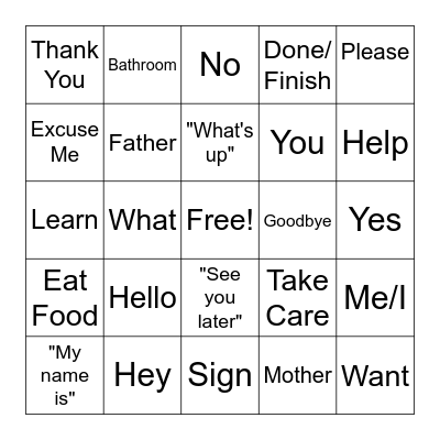 American Sign Language Bingo Card