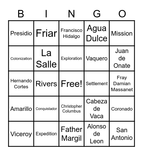 Exploration and Colonization of Texas Bingo Card