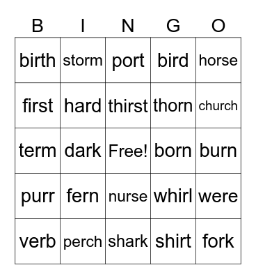 R-Controlled Phonics Words Bingo Card