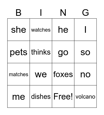 Open Vowel Words and S/ES Suffixes Bingo Card
