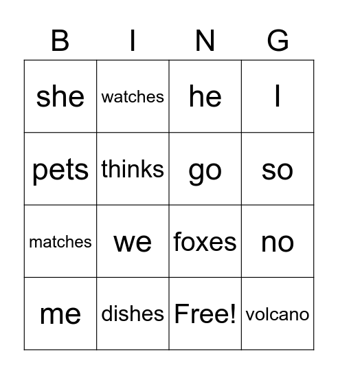 Open Vowel Words and S/ES Suffixes Bingo Card