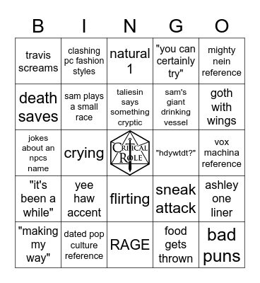 Critical Role Bingo Card