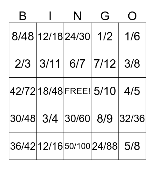 Equivalent Fractions Bingo Card