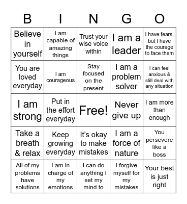 Positive Affirmations Bingo Card