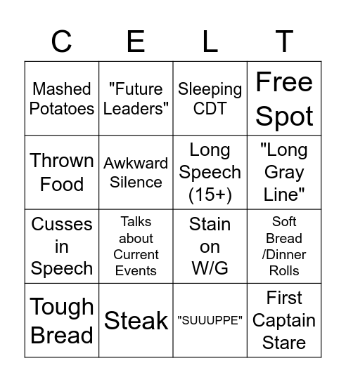 Nininger Dinner Bingo Card