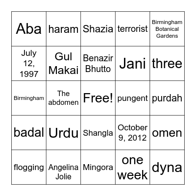 I Am Malala Bingo Card