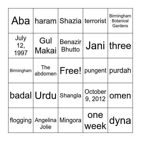 I Am Malala Bingo Card