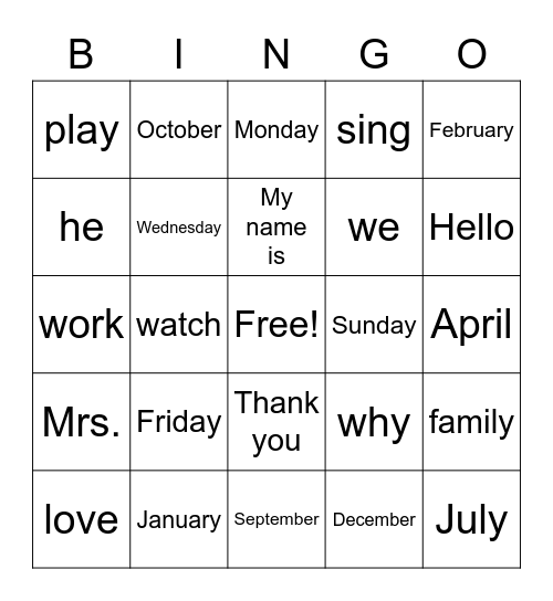 French Bingo #1 Bingo Card