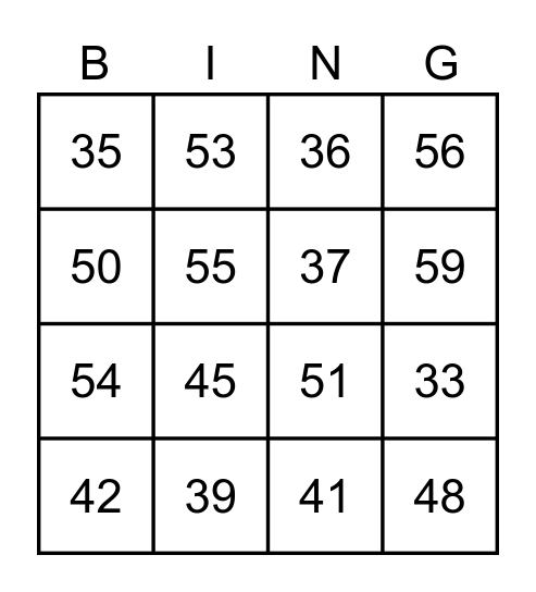 Numbers (30-60) Bingo Card