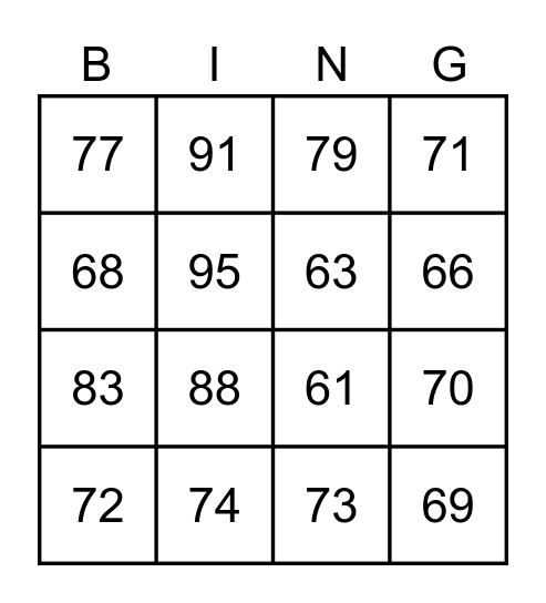 Numbers (60-100) Bingo Card