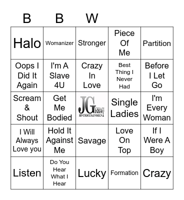 Beyonce, Britney, Whitney Bingo Card