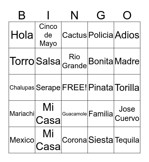 Cinco de Mayo Bingo Card