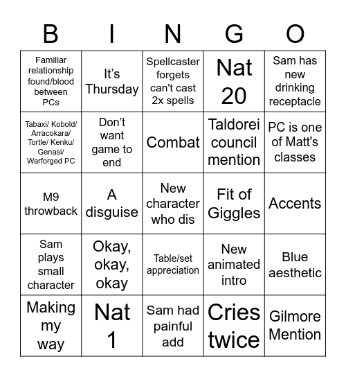 Campaign 3 Episode 1 Bingo Card