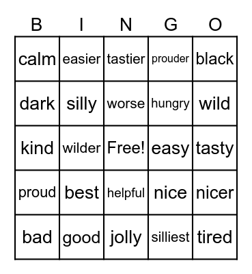 Adjectives Bingo Card