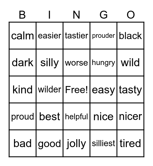 Adjectives Bingo Card