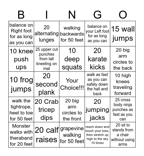 Gross Motor Bingo Ages 11+ Bingo Card