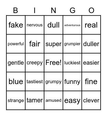 Adjectives Bingo Card