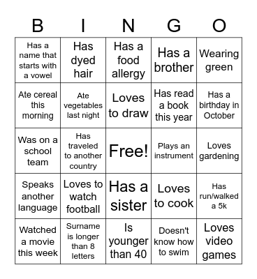 Getting to Know You Bingo Card