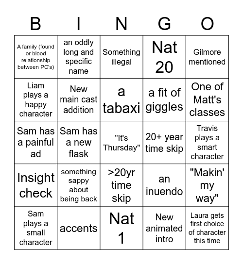 Critical Role Bingo Card