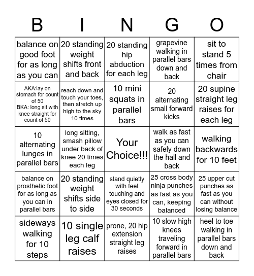 Gross Motor Bingo for Lower Extremity Amputees Bingo Card