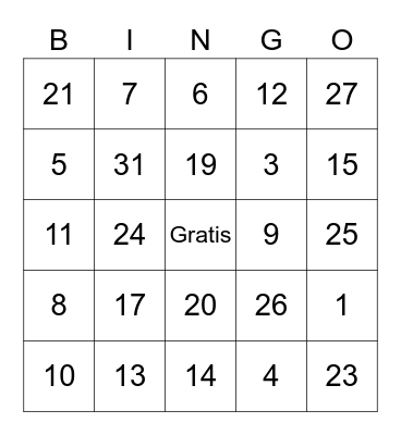 Numeros 1-31 Bingo Card