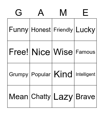 Personality Bingo Card
