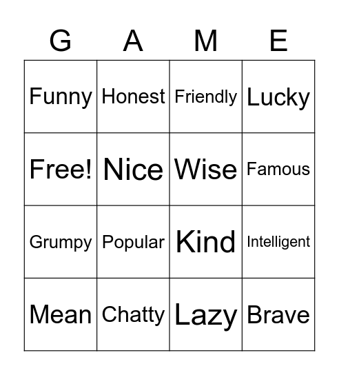 Personality Bingo Card