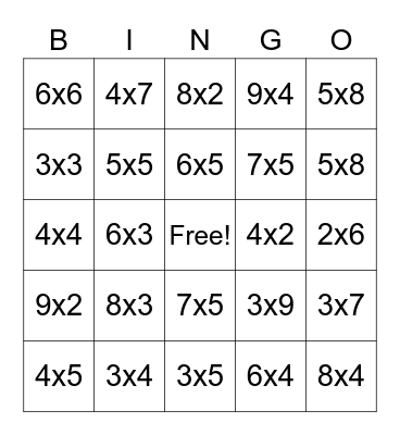 Multiplication Bingo Card