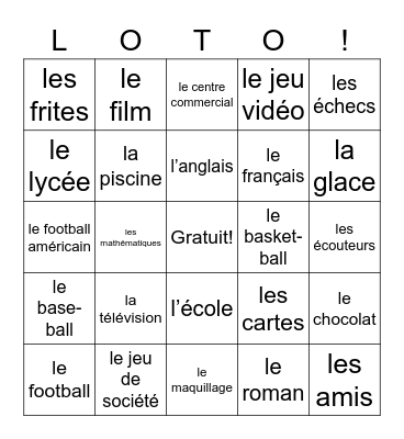 French 1 Nouns Bingo Card