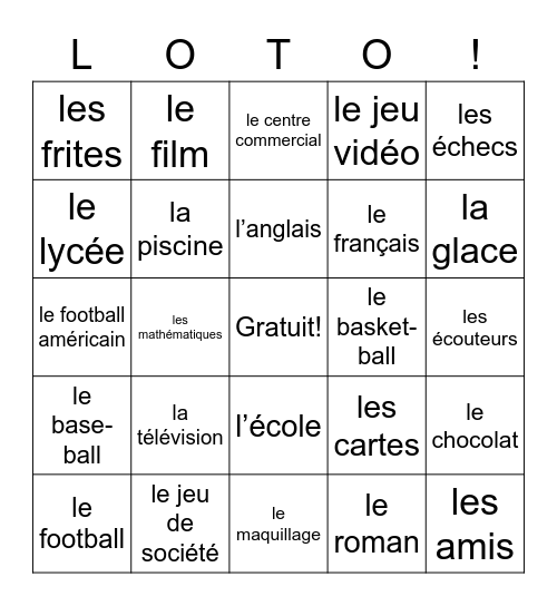 French 1 Nouns Bingo Card