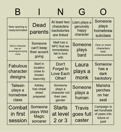 Critical Role Season 3 Bingo Card