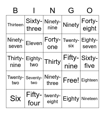Number Words Bingo Card
