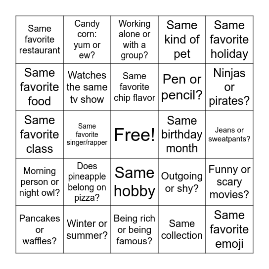 Buddy Bingo Card