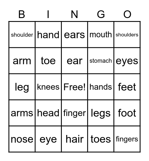 My Head and Body Bingo Card