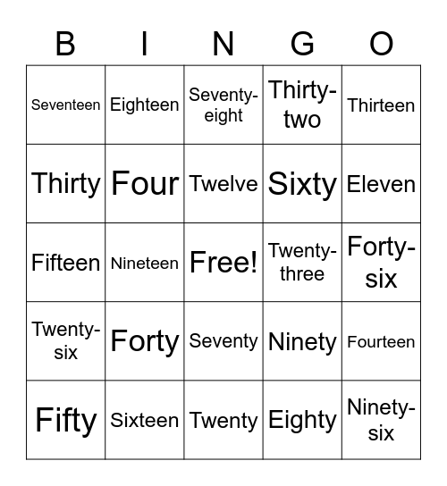 Number Words 2 Bingo Card