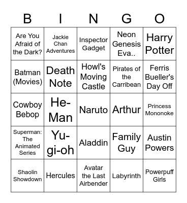 Movies/Shows jay has HOPEFULLY seen Bingo Card