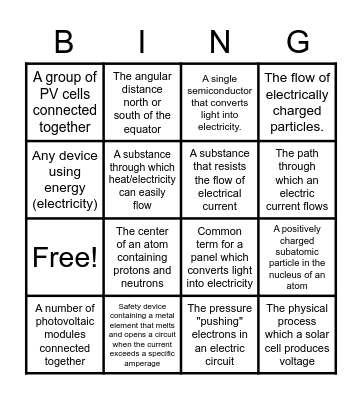 Solar Electricity Bingo Card