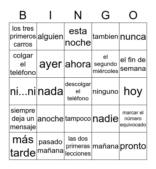 Lección 4-1 Una Llamada Teléfonica Bingo Card