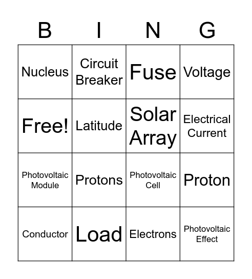 Solar Electricity Bingo Card