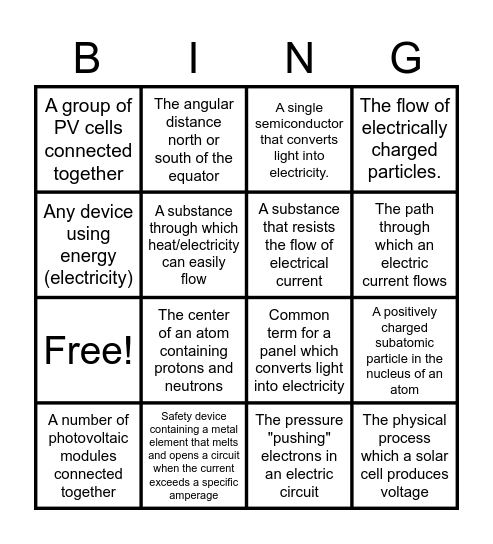 Solar Electricity Bingo Card