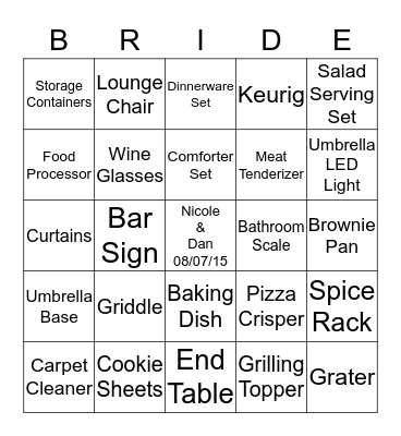 Nicole & Dan Bridal Registry Bingo Card