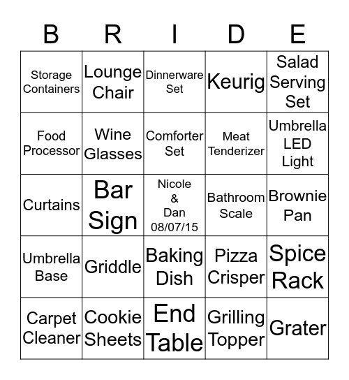 Nicole & Dan Bridal Registry Bingo Card