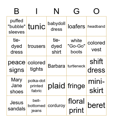 Barbara's 60th Birthday- 60s Attire Bingo Card